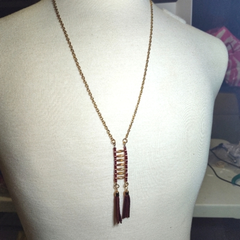 Long Elegant Gold and Burgundy Bead Necklace Nwot